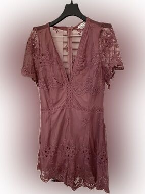 Haute Monde Dusty Rose Embroidered Lace Back V-Neck Romper